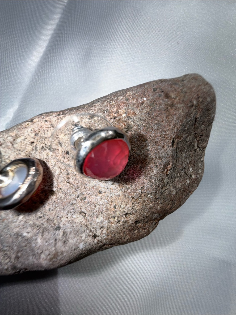 Pink Round Gemstone Stud Earrings with Silver-Tone Setting